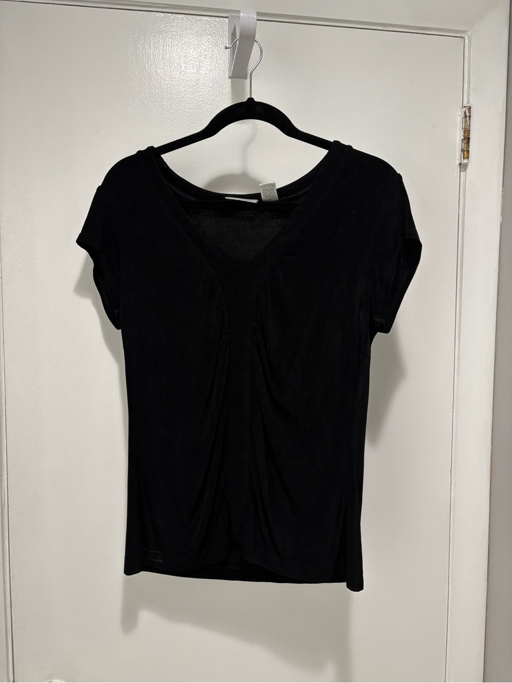 Chico's Black V-Neck Short Sleeve Top with Front Gather Size 2